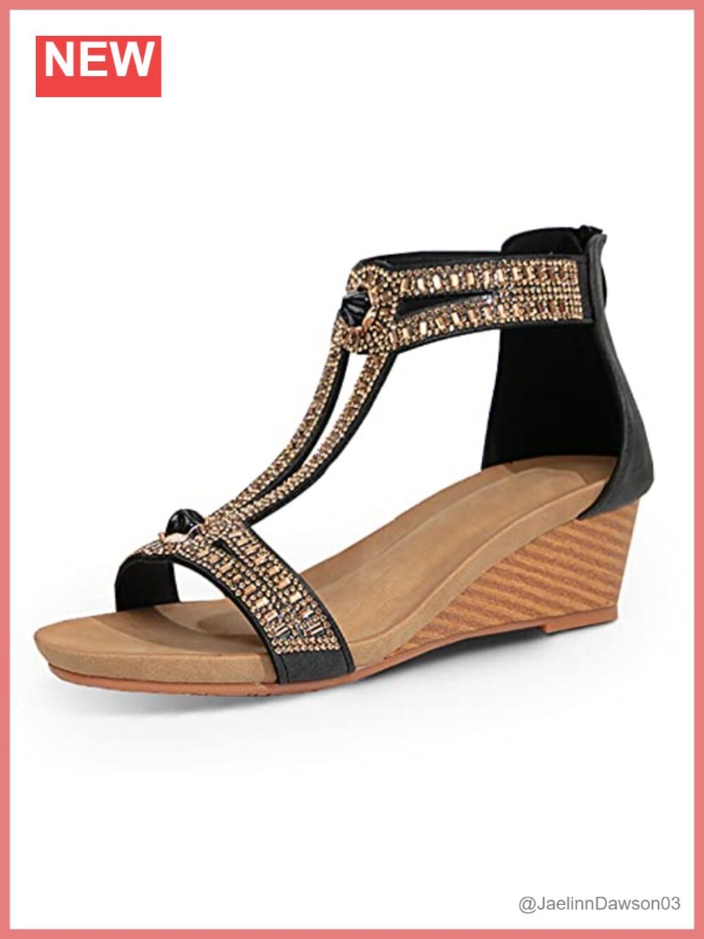 Women's Rhinestone Open Toe Wedge Sandals with Ankle Strap, Cushioned Faux